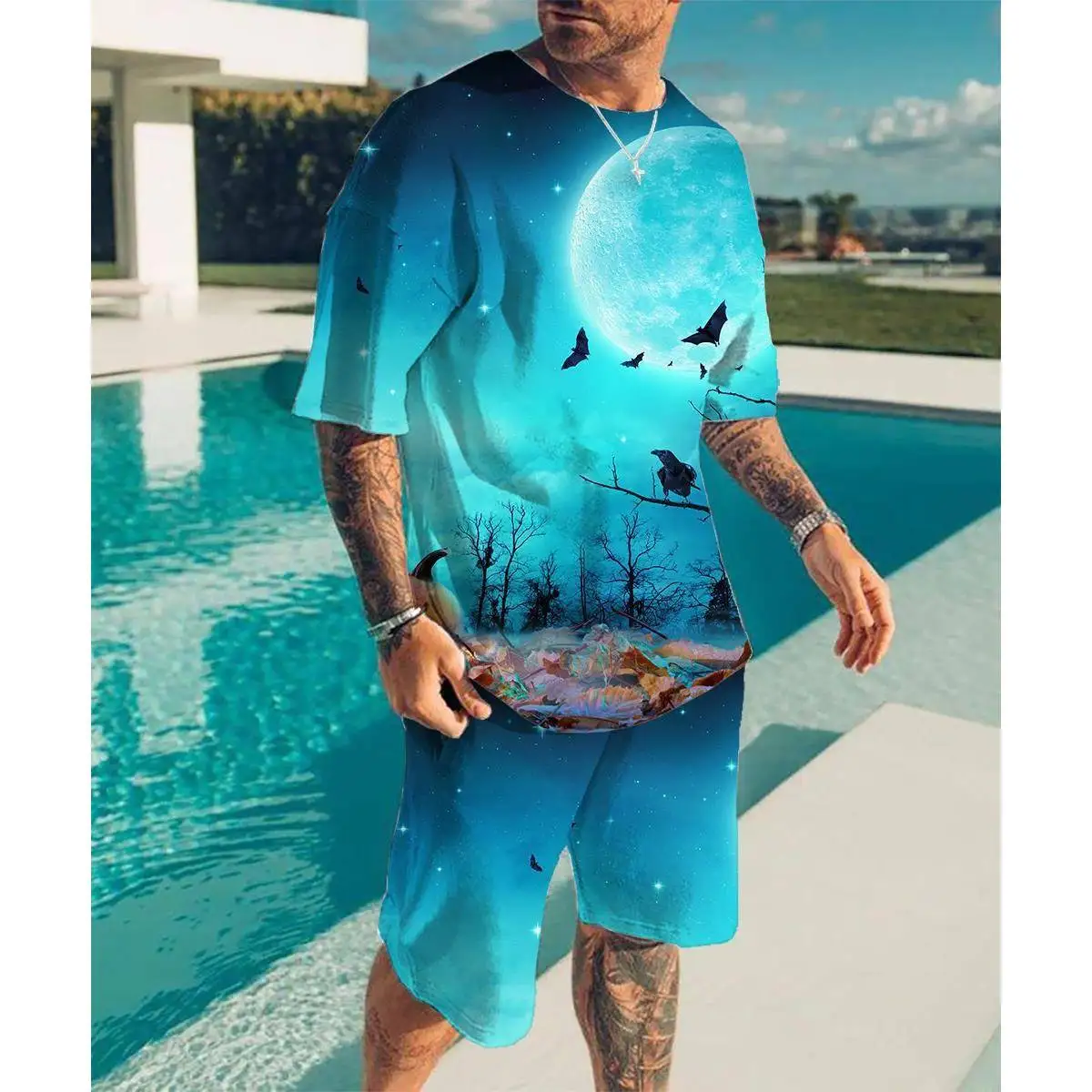 

New Men's Casual T-Shirt Shorts Set Digital Print Halloween Series Comfortable Lightweight Sweatabsorbent Summer Fashion