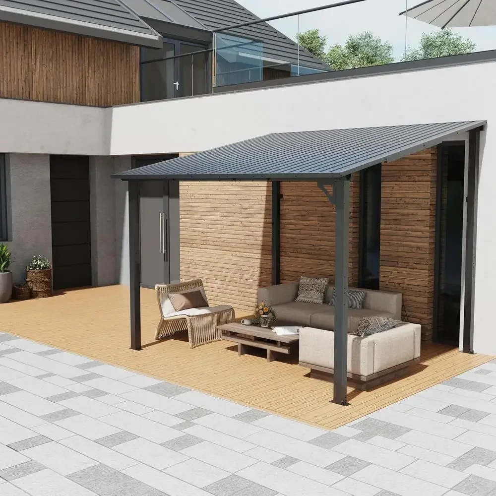 10' x 8' Iron Gazebo with Hard Top and Lean-to Pergola, Ideal for Outdoor Spaces