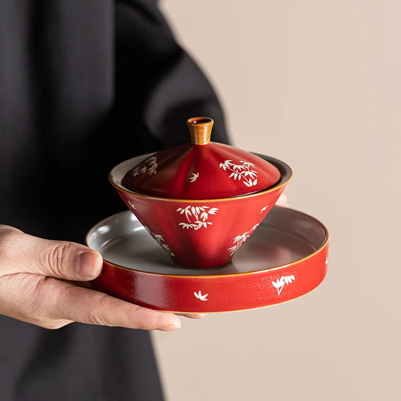 

China-Chic Ceramic Cup Royal Palace Red Cover Bowl High End Teapot Retro Tea Set Accessories Tea Ceremony Gift Gaiwan Tea Maker