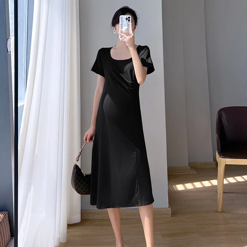 

Summer New Simple Pregnant Cotton Dress Slim French Style Square Collar Pleated Short Sleeve T-shirt Women Long Maternity Skirt