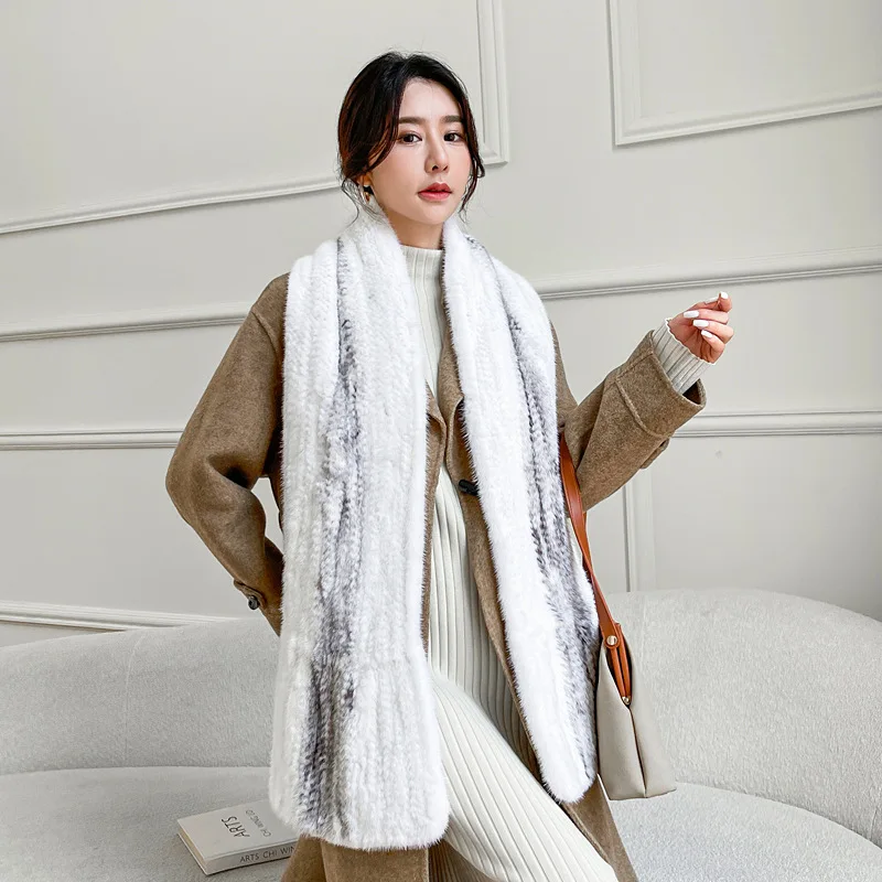 New Arrival Mink Fur Scarf Winter Neck Warmer Woven Mink Fur Shawls For Women Luxury Soft Real Fur Checkerboard scarf