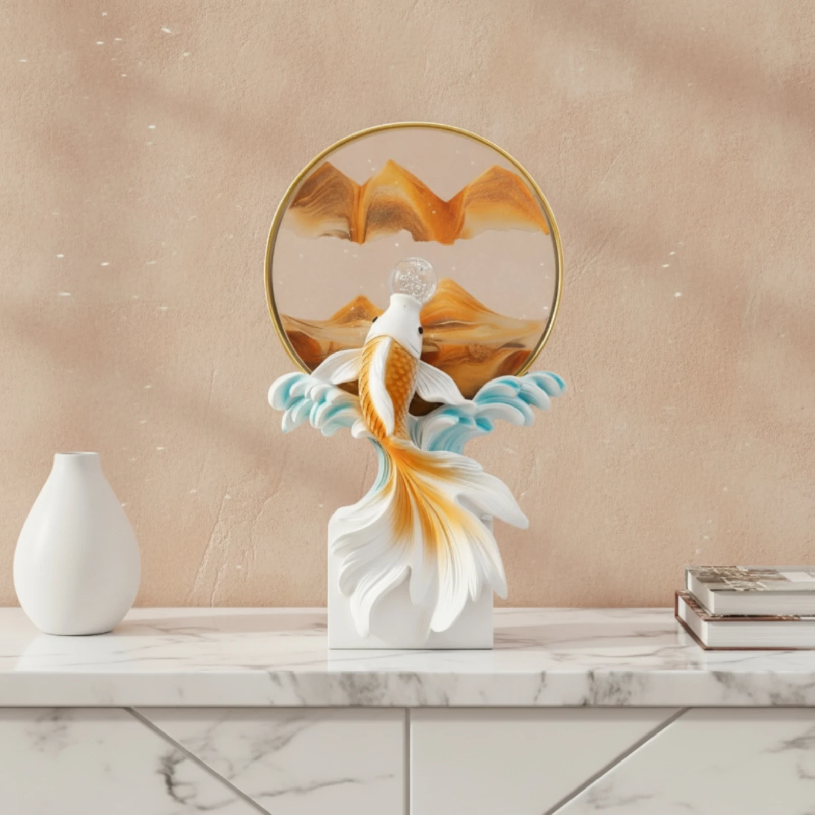 Sea Creature Statue with Circular Backdrop Layered Sea Creature Sculpture Tabletop Ornament Sculpted Decorative Object Glossy