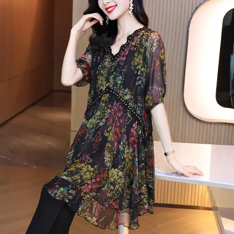 

Temperament Summer Women's V-Neck Printing Patchwork Fashion Elegant Half Sleeve Loose Mid-length Chiffon Shirt Tops ZT316