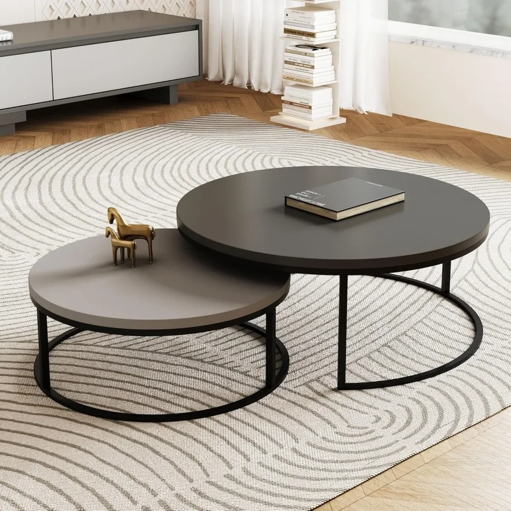 Para conjunto mesa basse ronde moderno, mesas cóctel gigognes pieds métal noir, gris oscuro/gris claro, montaje fácil