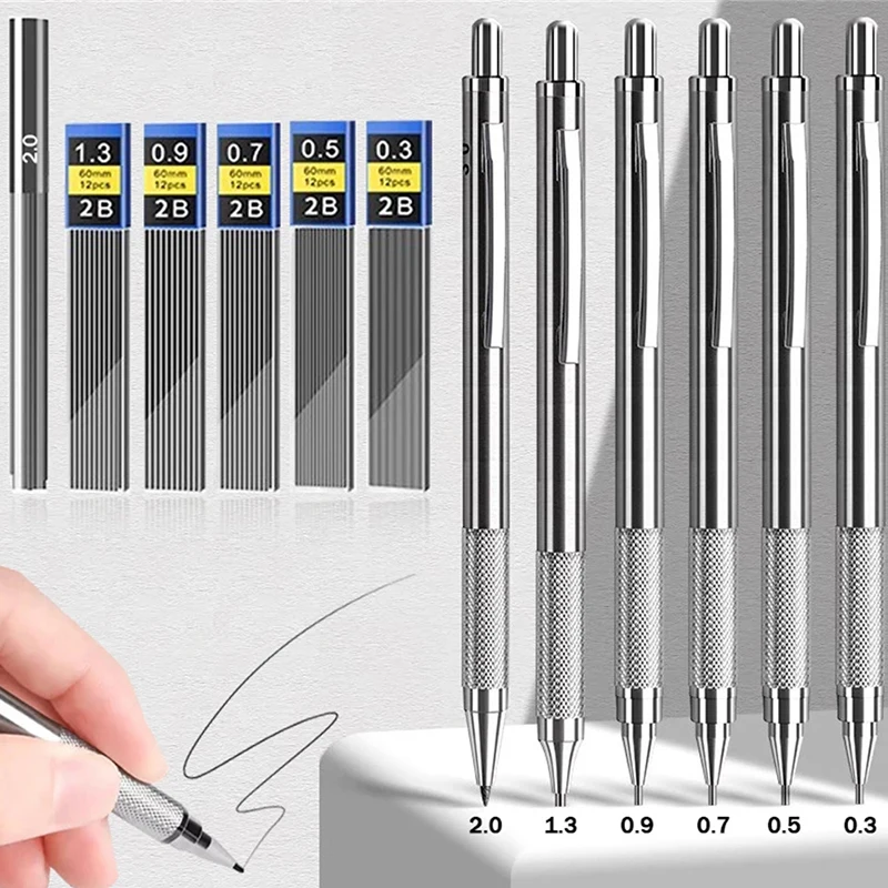 Metal Mechanical Pencils Kit with Lead Refills Student Writing Drafting Art Supplie 0.3/0.5/0.7/0.9/1.3/2.0mm Automatic Pencil