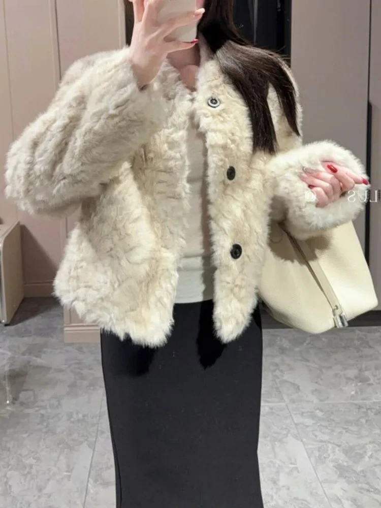 

2025 Winter New Tide Versatile Warm Solid Faux Fur Coat For Women Round Collar Single Breasted Long Sleeves Coats