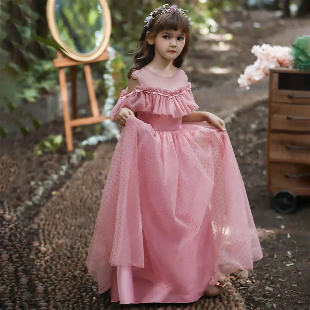 O pescoço renda plissado cristais manga curta uma linha formal vestido de comunhão para menina arco até o chão trem varredura vestido da menina flor