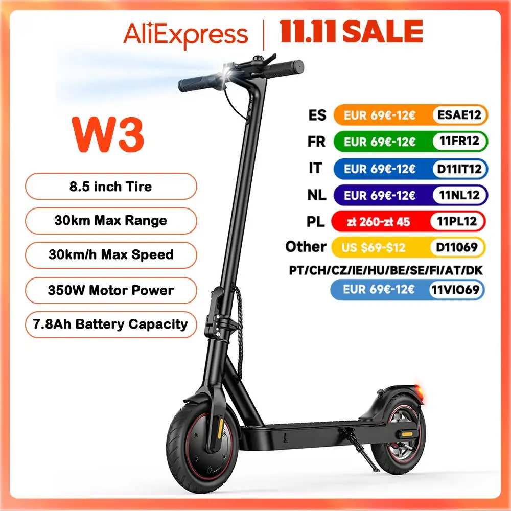 W3 Electric Scooter 8.5 inch 350W Motor 36V7.8Ah Battery 24-34km Range 30km/h Max Speed Rear Drive Air Tires Electric Scooters