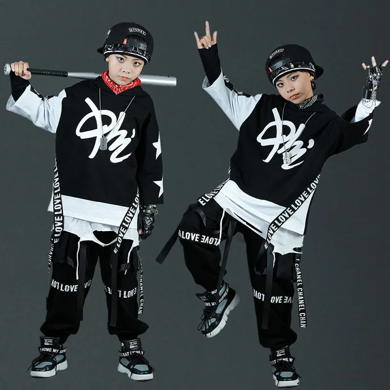 

Black Kid Hip Hop Clothing Shirt Top Tactical Cargo Pants Sleeveless Jacket pant Girls Boys Jazz Dance Costume Clothes Wear