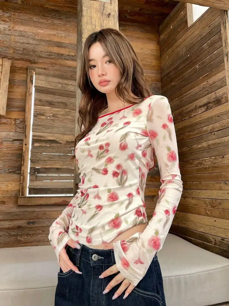 Yedinas Backless Lace Up Mesh Tops Long Sleeve Korean Fashion Hotsweet Floral T Shirt Women Clothes Slim Tees Tshirts Y2k Chic