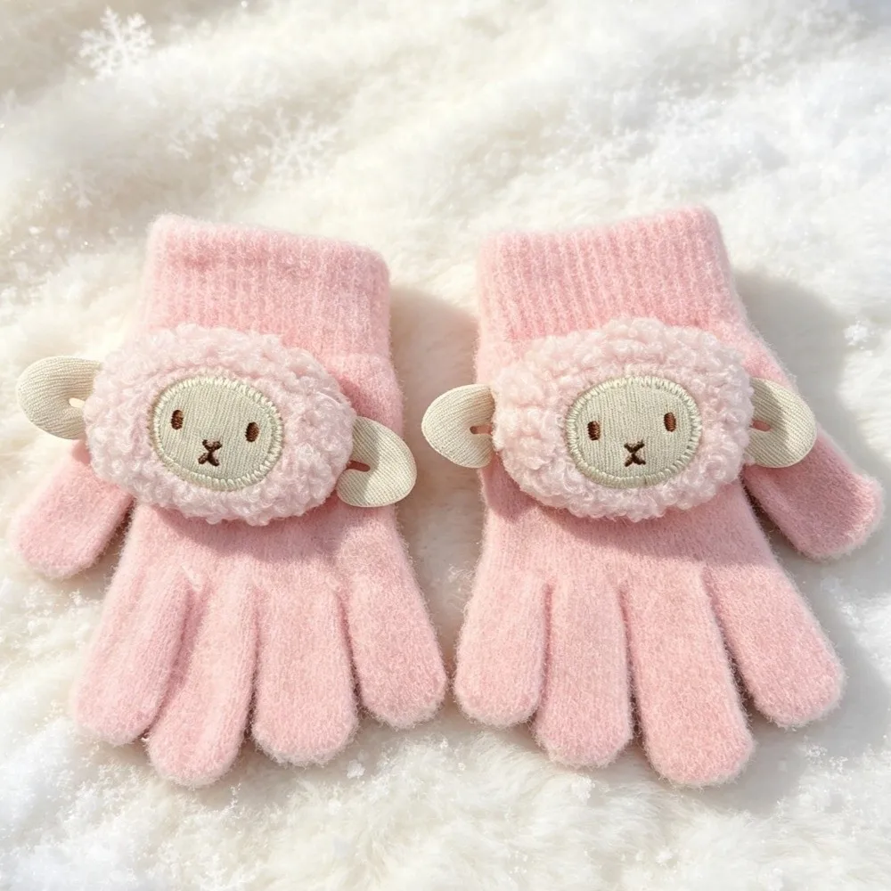 Cartoon Anti Cold Gloves Soft Knit Fabric Full Finger Structure Cartoon Sheep Gloves Lamb Applique Warm Five Finger Gloves