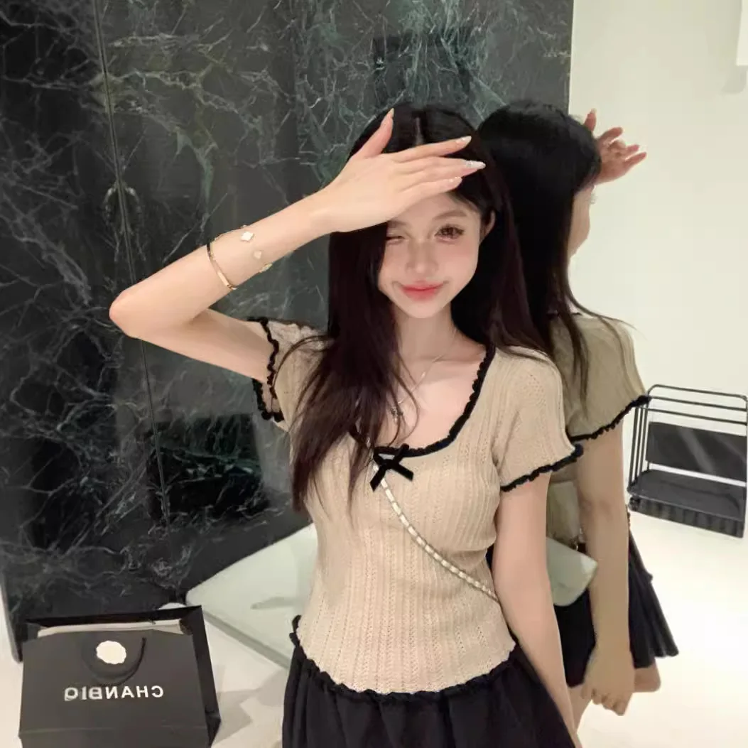 

Korea Knitted Pullover Women Top Solid Tank Bow Summer New Fashion Female Short Sleeve Contrasting Color Casual Thin Tops D823