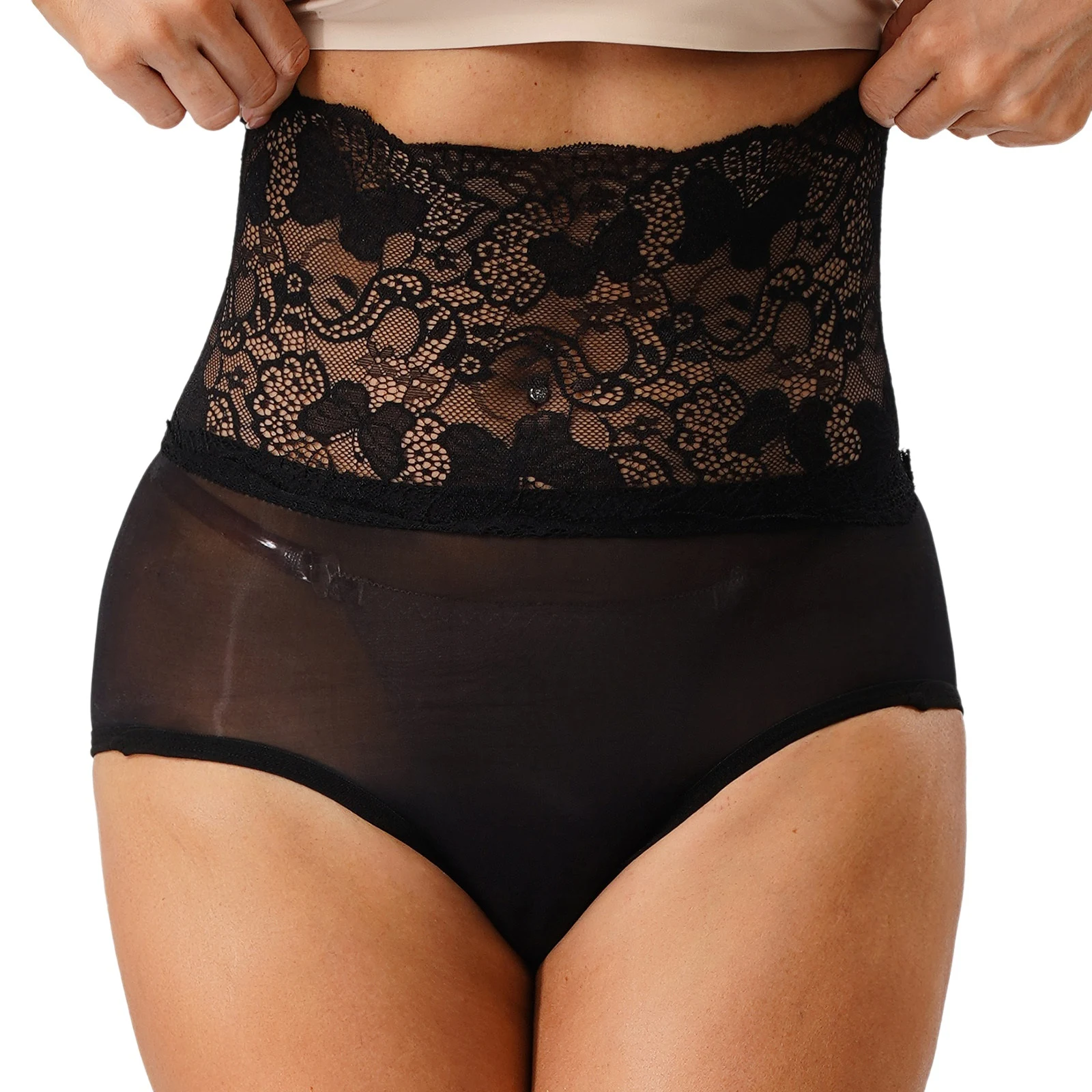 

Women Black High Waist Lace Briefs Sheer Mesh Stretchy See Through Tempting Briefs for Lingerie Dating Night Honeymoon Panties