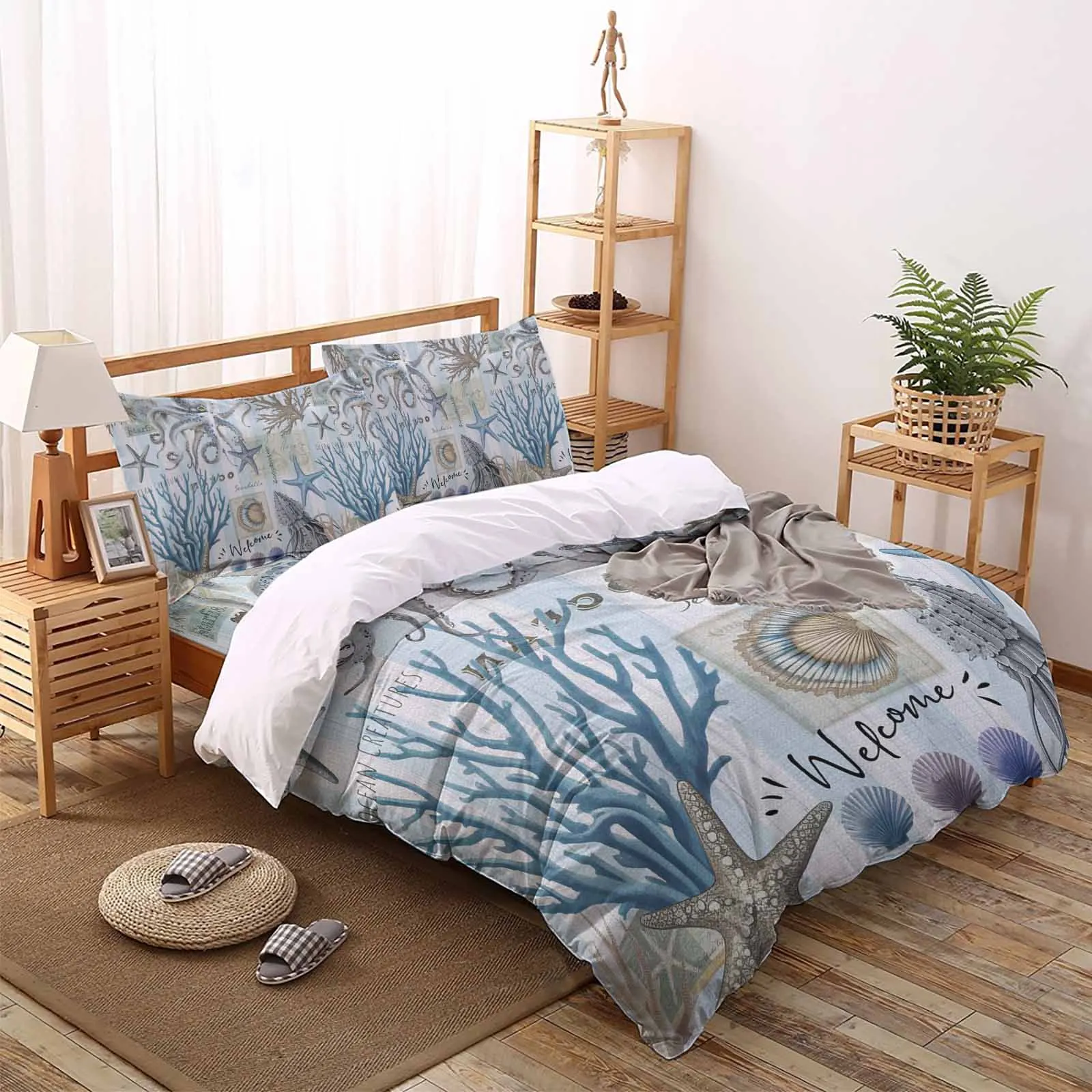 Marine Starfish Octopus The-4piece Textile Set on the Bed Includes Two Pillowcases One Duvet cases One Bedsheet Customization