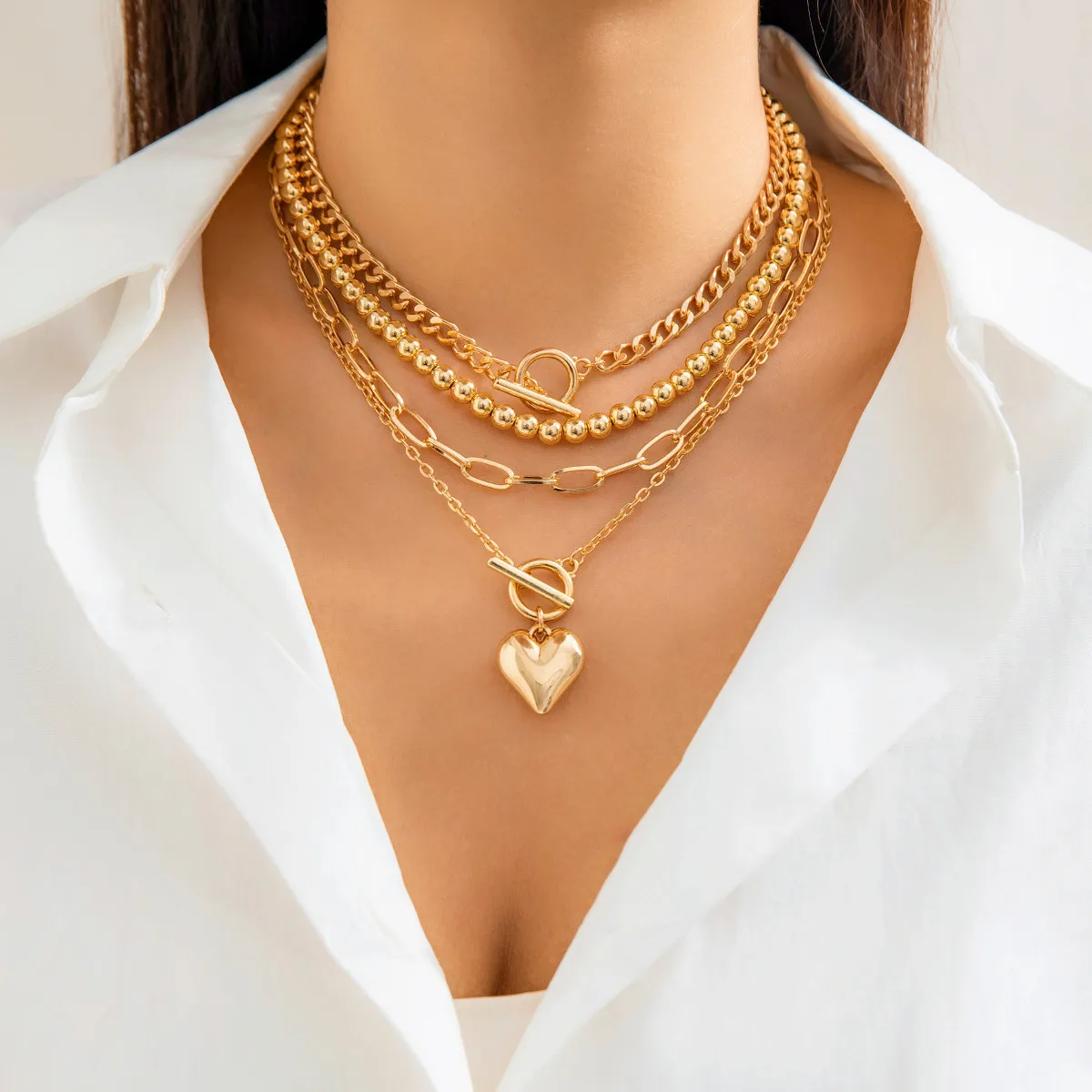 Punk Gold Color Heart Pendant Necklace for Women Trendy OT Buckle Beaded Neck Chain Choker Y2K Metal Necklace Accessories