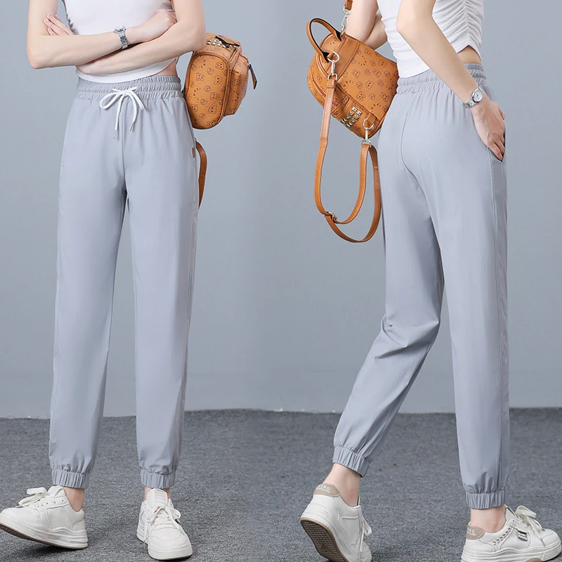 New Women'S Summer Thin Quick Drying Ice Silk Fashion Versatile 9-Point Trousers Korean Version Breathable Casual Sports Pants