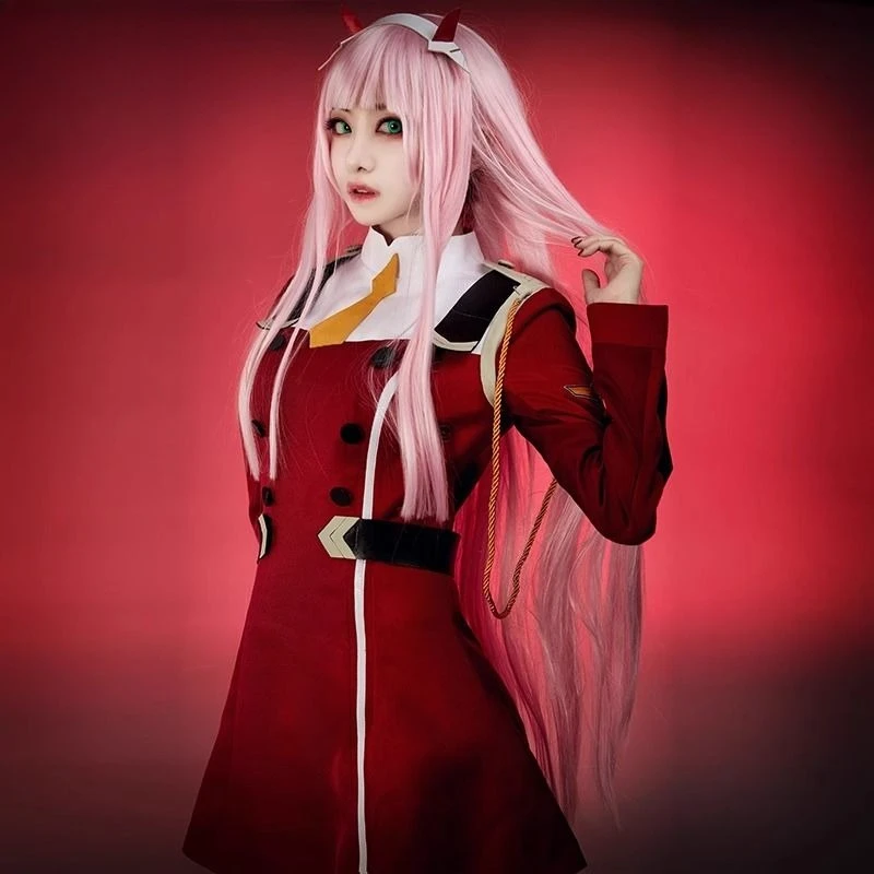 

Anime Zero Two Costume Cosplay Red Uniform Dress Pink Wig Full Set Cool Clothes for Women Role Play Outfit Theme Party