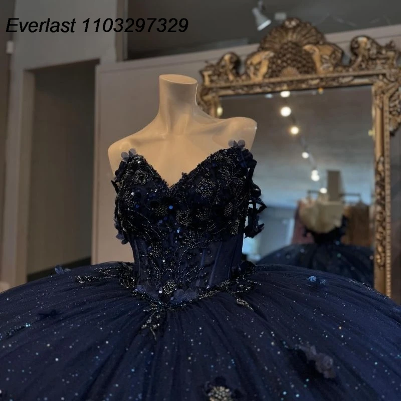 EVLAST Mexican Navy Blue Quinceanera Dress Ball Gown Floral Applique Beaded Crystal Corset Sweet 16 Vestido De 15 Anos QD1030