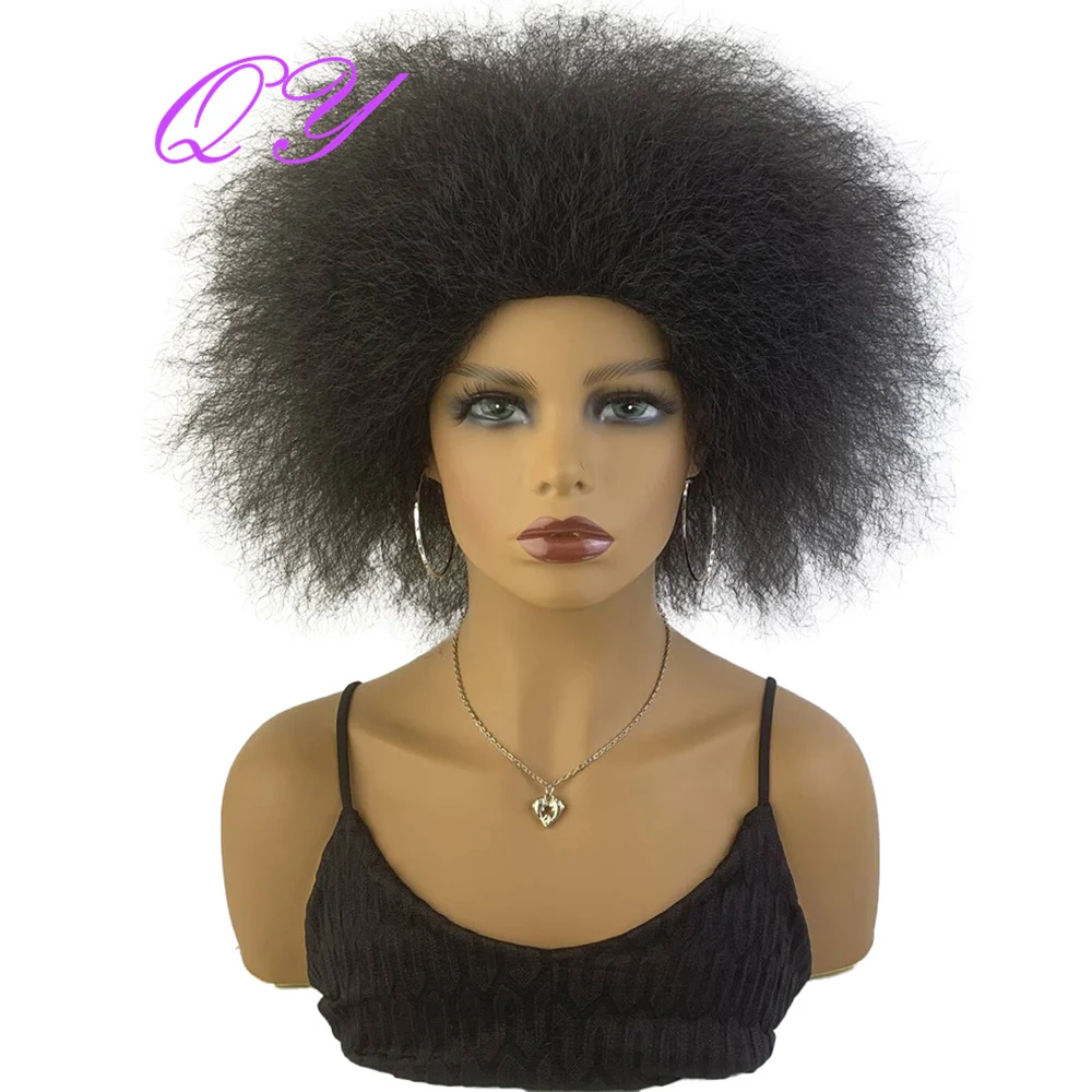 

Synthetic Short Afro Kinky Yaki Straight Women Wig Good Quality Black Fluffy Soft Hot Sale Party Daily Female Hair Wig