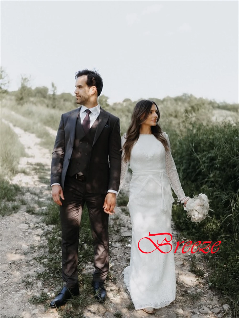 

Customized Elegant Formal Exquisite Simple Charming Wedding Dress White Lace Sashes Wedding Party A-line O-Neck Dresses