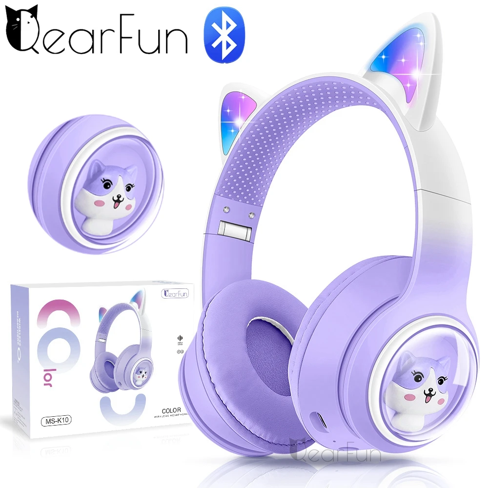 Gradient Cat Ear Headphones Kids Girl RGB Wireless Headphones with Mic Stereo Daughter Children Headphones Kids Christmas Gifts