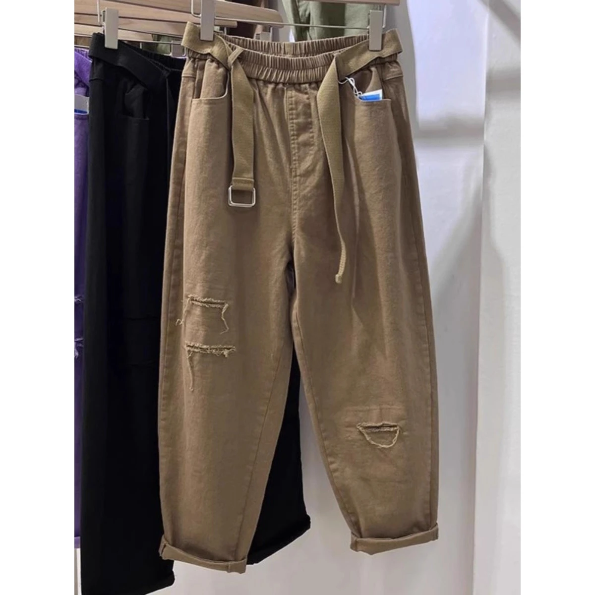 

Loose High Waist Harlan Jeans Casual Pants for Men Autumn Winter plus Size 300 Pou Versatile Nine Points Hole Design