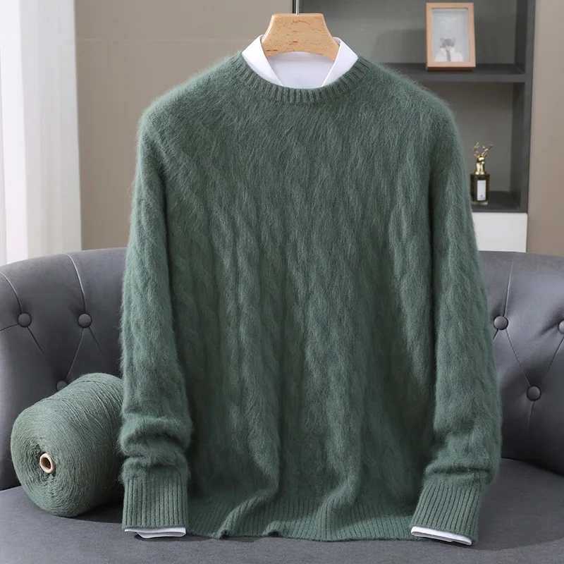 

Winter 100% Mink Cashmere Sweater Men's Pullover Round Neck Thick Twisted Flower Knitted Sweater Loose Casual Plus Size Warm Top