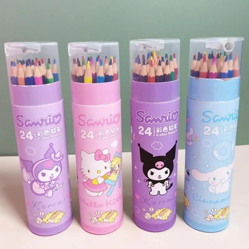 Sanrioed 24 Colors Color Pencilsharpener Cute Kuromi Kt Student Painting Penholder Child Coloring Wooden Pencil School Supplies