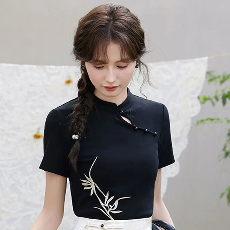 เสื้อยืดคอจีนผ้าฝ้ายแท้สำหรับผู้หญิง ดีไซน์ใหม่สไตล์จีน ทรงเข้ารูป ใส่ได้หลากหลาย ดีไซน์แบบดั้งเดิม