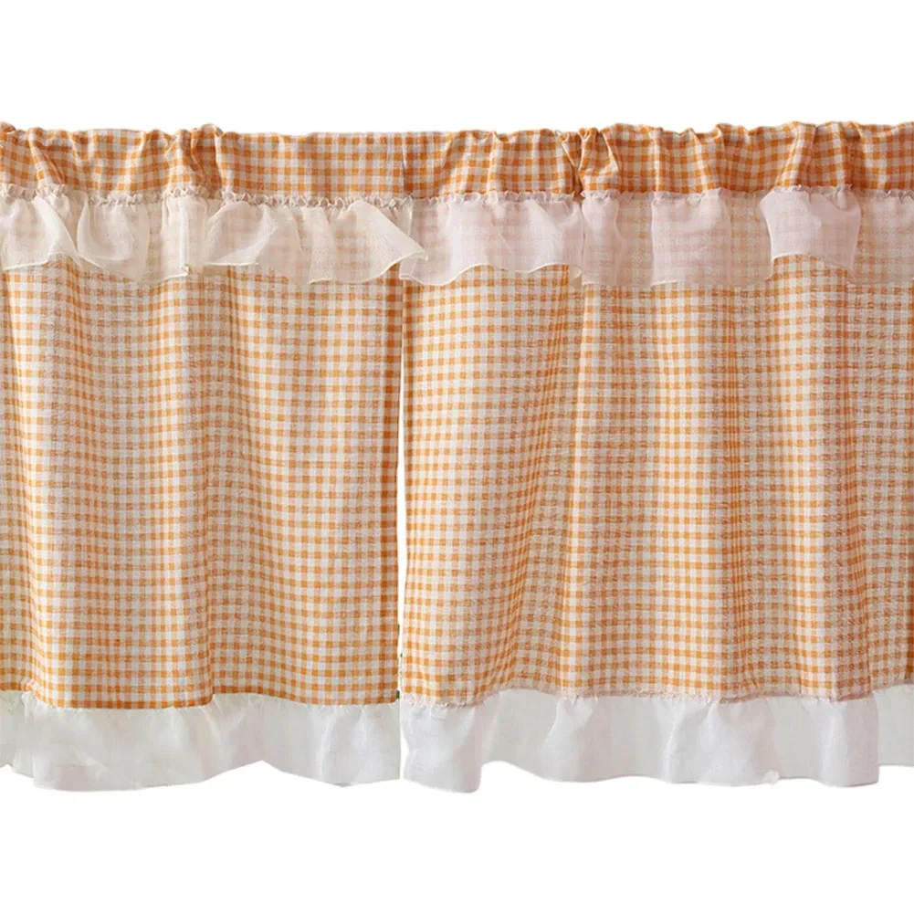 Plaid Short Window Curtain With Ruffle Lace Light Filtering Fabric Half Cafe Rod Pocket For Kitchen Sink