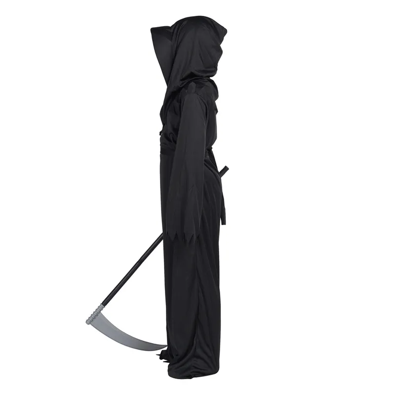 Bambini Dark Ghost Glow Eyes Grim Reaper Costume, spaventoso Phantom Scythe Chain puntelli Halloween Black Party Mask Costume