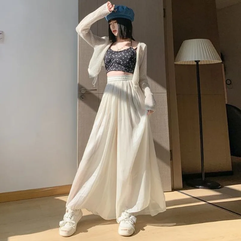 Women Wide Leg Pants Ice Shreds Chiffon Summer Thin Trousers High Waisted Loose Fitting Sagging Sensation Pleats Floor Skirt