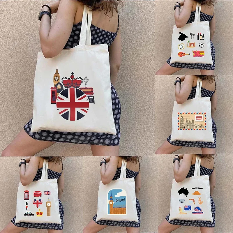 London UK Paris France Travel Pack British Royal Coat of Arms Shopper Harajuku Shopping Canvas Tote Bag Women\'s Shoulder Handbag