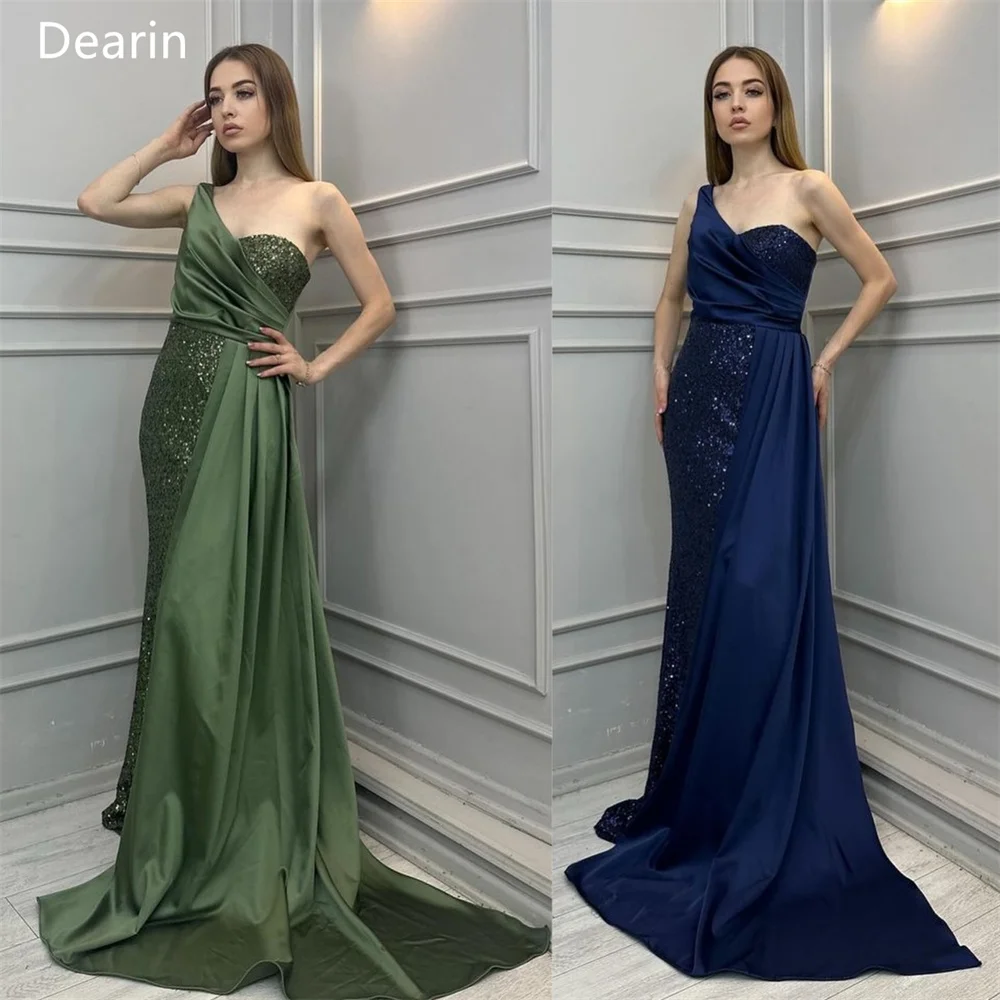 Customized Women Prom Gown Formal Dearin One Shoulder A-line Floor Length Sequin Skirts Draped Bespoke Occasion Dresses Evening