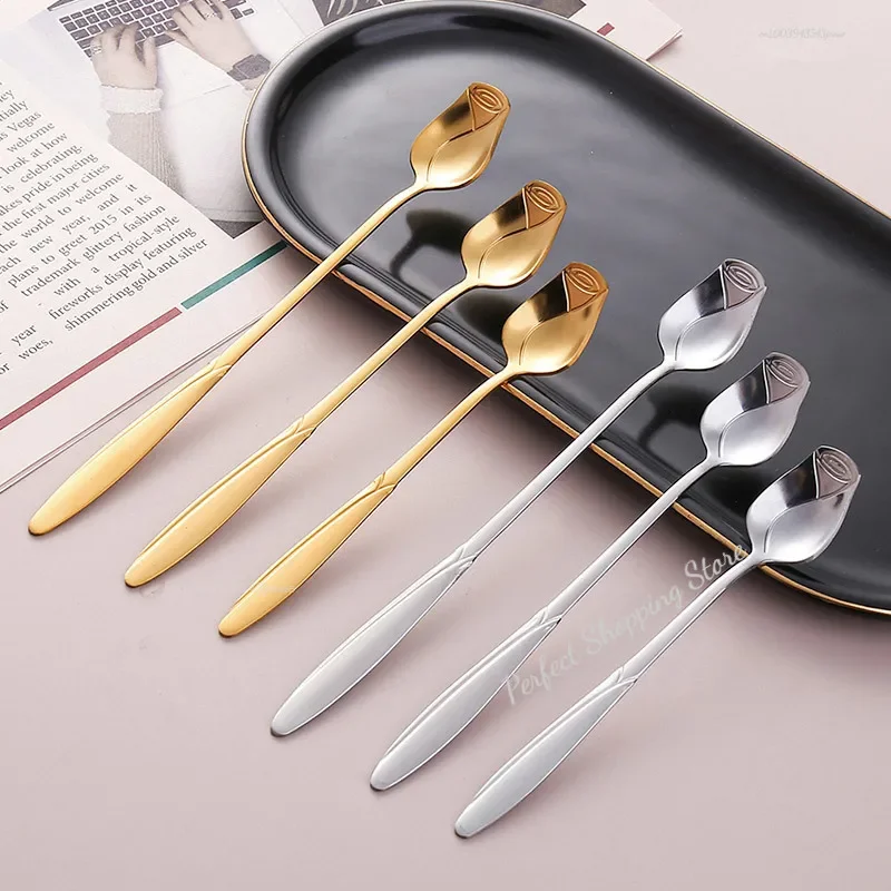 Long Handle Teaspoon Stainless Steel Rose Mixing Spoon Unusual Teaspoons for Dessert Honey Salad Tea Coffee Spoons New Year Gift