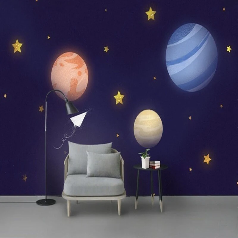 

Hand-drawn dreamy illustrations of planets starry skies children's room TV luxurious home decoration bedroom background wall