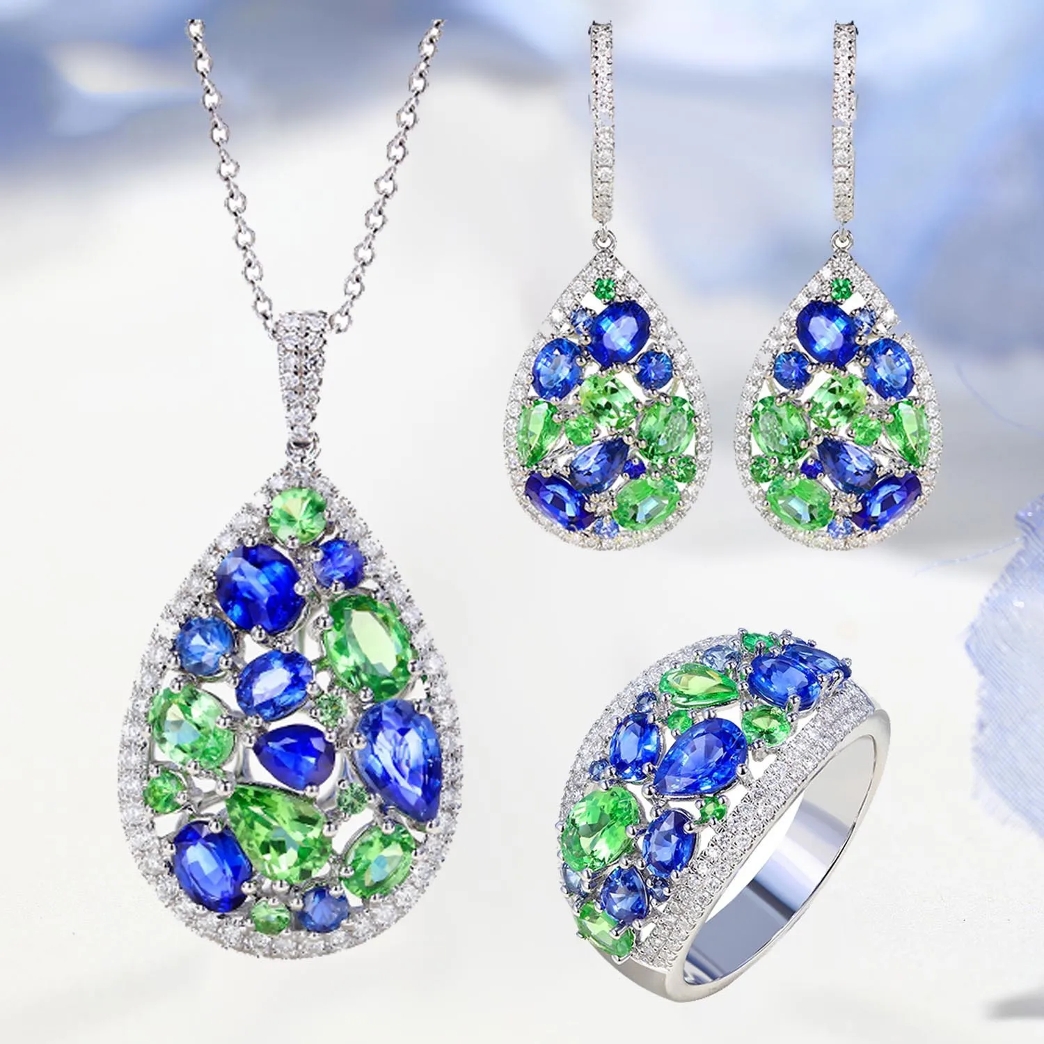 DIY accessories European and American Blue Emerald Tsavorite Diamond Pendant Open Ring Long Earrings Monet's Garden Treasure Set