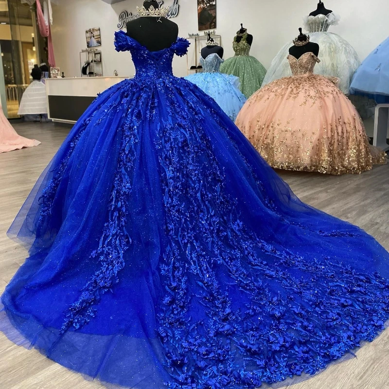 فساتين Quinceanera مخصصة باللون الأزرق الملكي ثوب حفلة دانتيل مزين بالخرز ترتر حلو 16 فستان Vestidos De 15 Anos YQD215