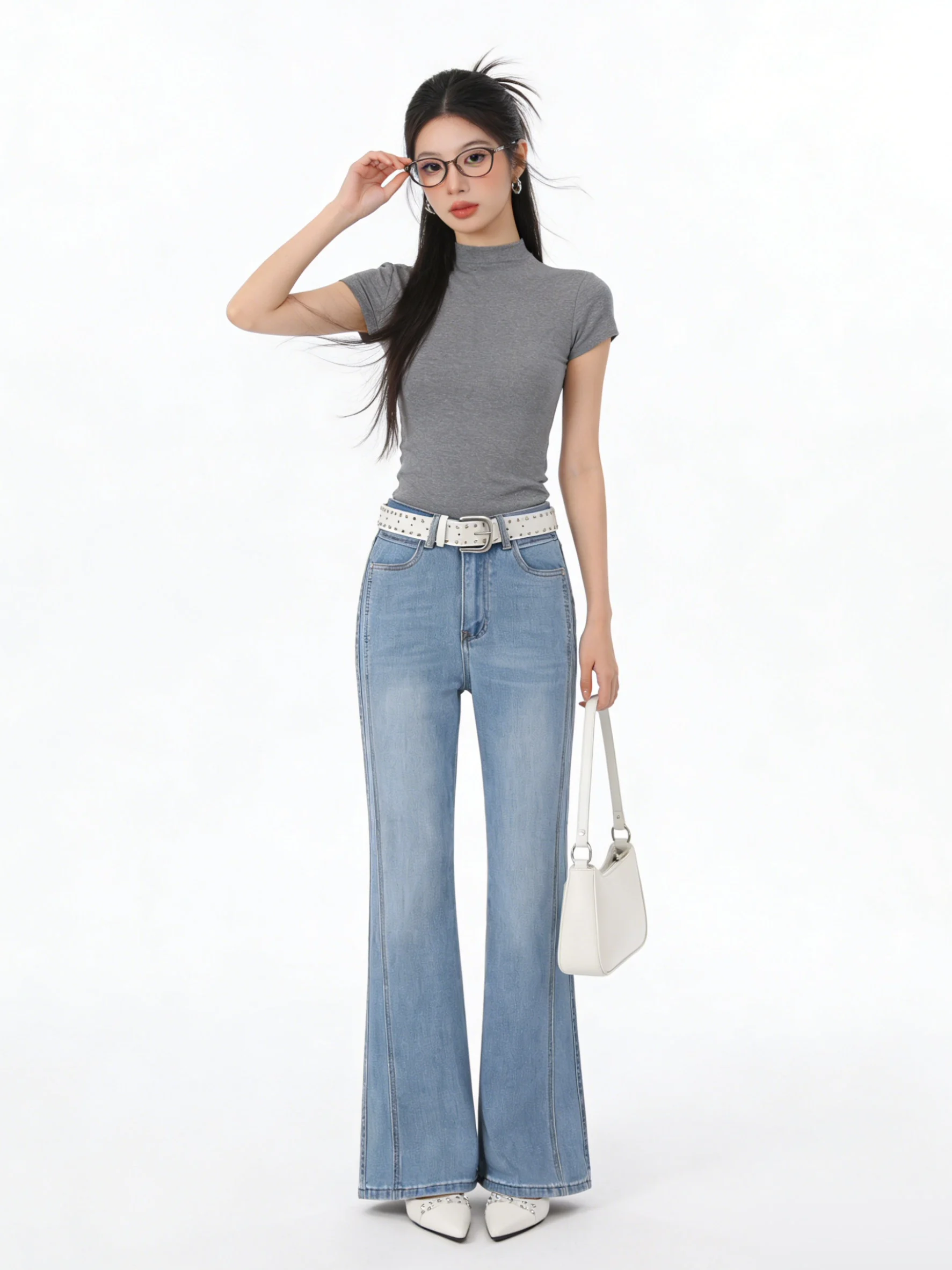

Light Blue High Waist Bell Bottom Jeans Commuter Design Slimming Summer Style Korean Fashion Bell Pants Anti-Aging