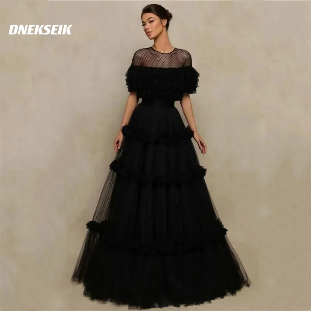 

Wave Point Prom Dress Black Multilaye Evening Dress 2023 Sexy O-neck Party Dress Tulle A-line فساتين مناسبة رسمية