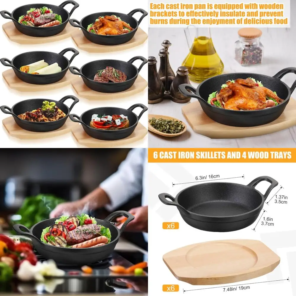 

Мини-чавунный набор сковородок с деревянной основой — маленькие круглые тарелки Fajita, железные кастрюли для приготовления пищи, 6-компонентная миниатюрная литая дробка