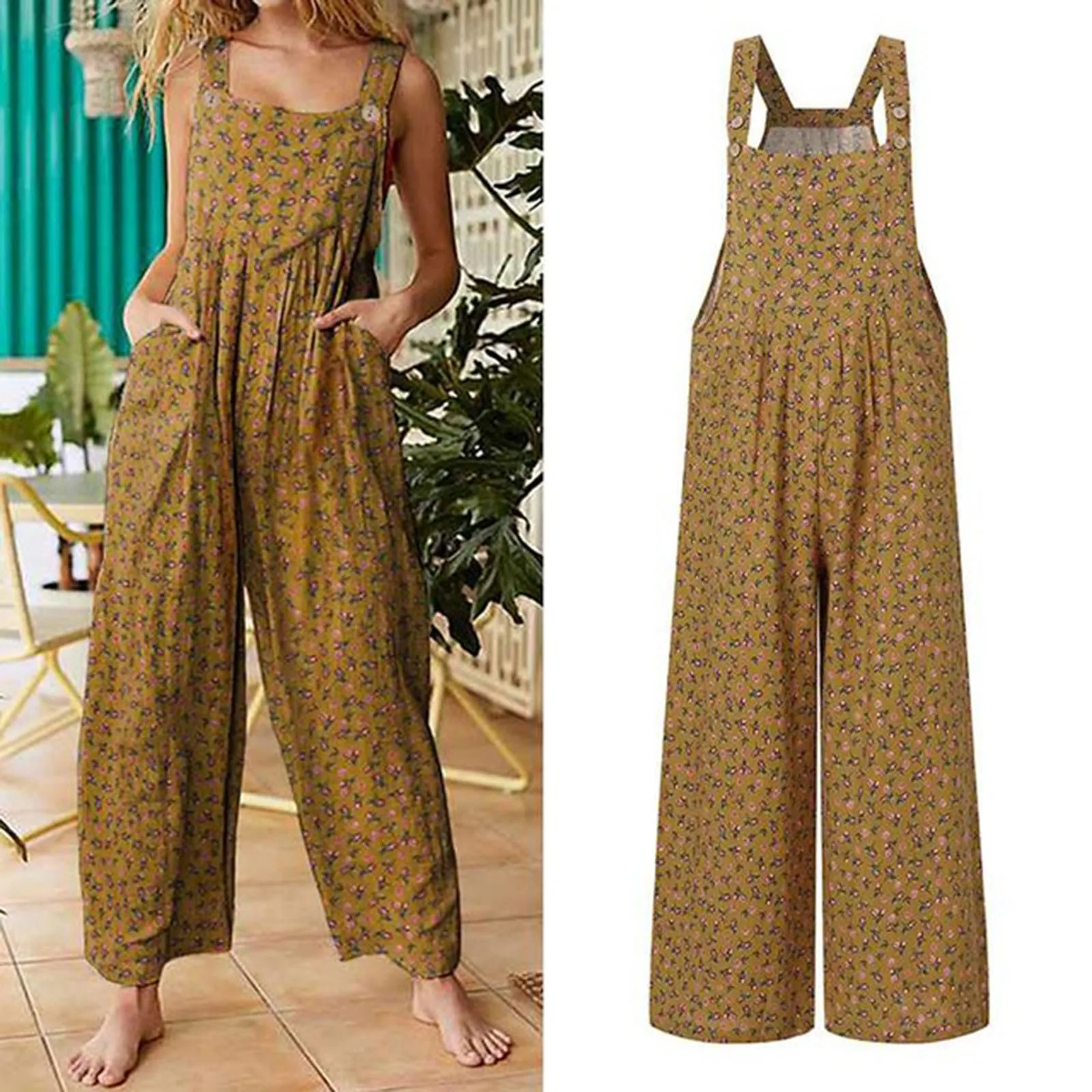 Summer New Women Casual Loose Flower Print Jumpsuits Women\'s Overalls Boho Sleeveless Square Collar Jumpsuits Rompers