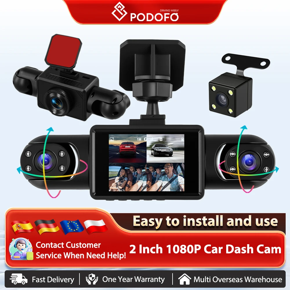 Podofo 2 Zoll Auto-Videorecorder 1080P links rechts Rückfahrkamera 360 °   4Lens Dash Cam Auto DVR Loop Recording Parking Monitor