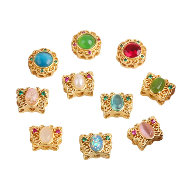 7pcs Copper Plating Hollow Multi-pass Ring Inlaid White Stone Spacer Beads Diy Bracelet Necklace Jewelry Accessories Wholesales