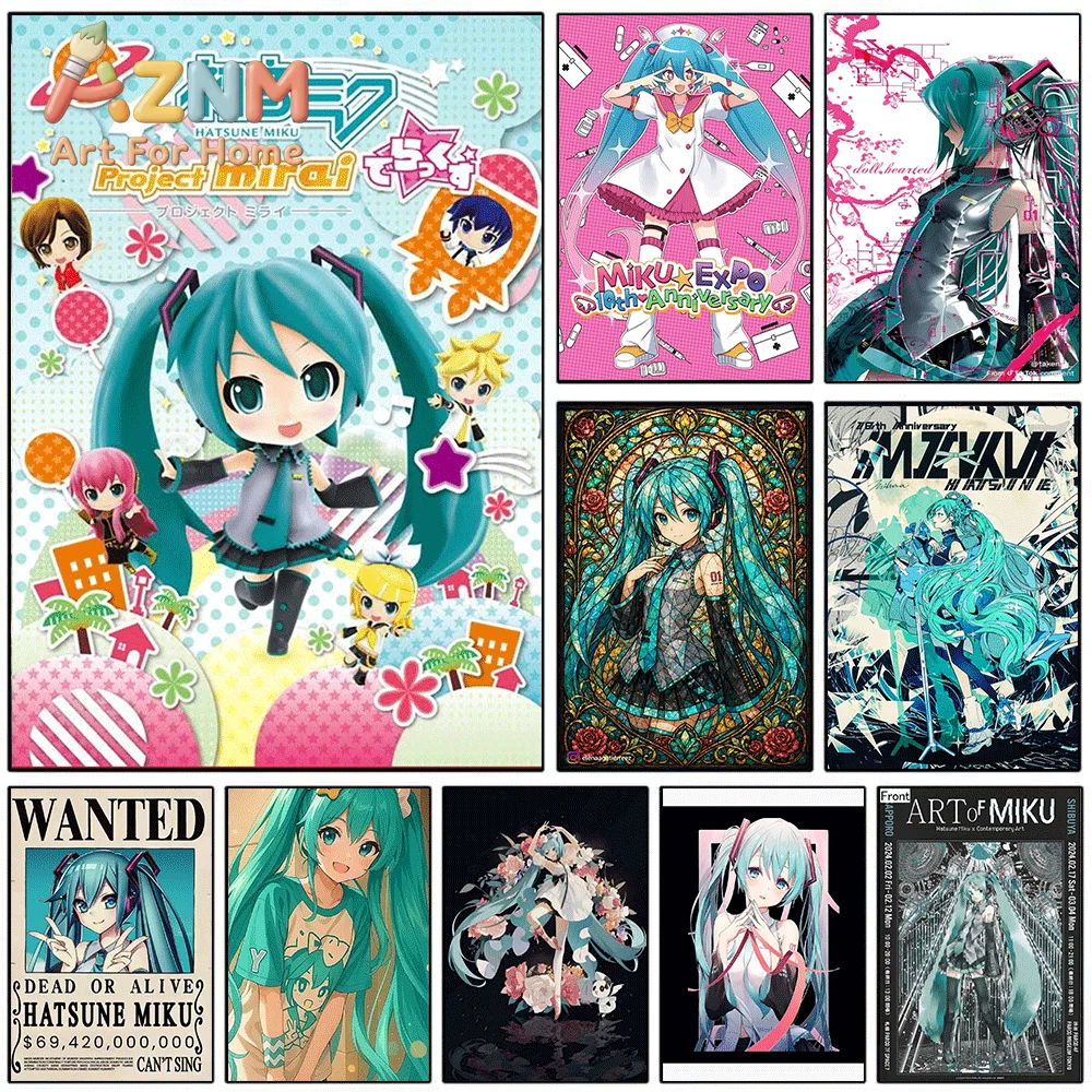 AZNM Hatsune Miku Project Mirai Cute Chibi Canvas Painting, Frameless Canvas Wall Art, Virtual Singer Anime Wall Painting for