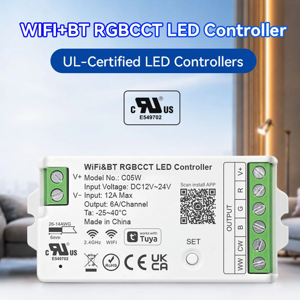 CENFAYA UL Certified LED Controller 2.4GHz WiFi PWM Dimming Tuya Dimmer Alexa/Google Home APP Control for PWM SMD COB LED Strip