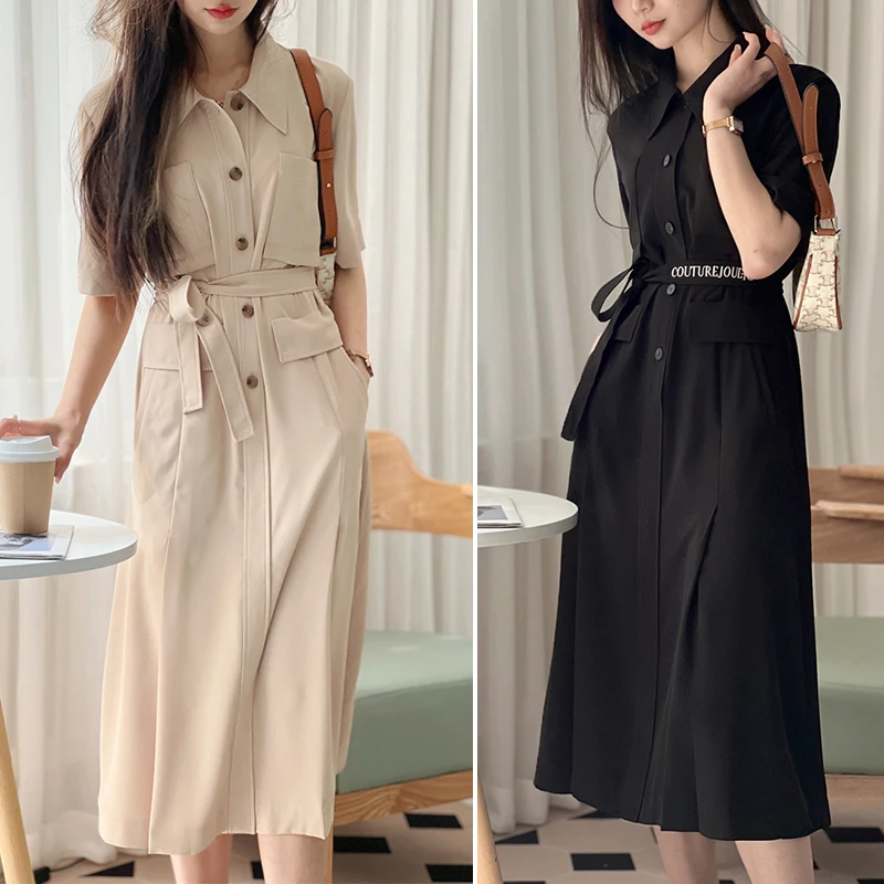 

Ele Simple Design Embroidered Letter Belted Midi Dr Single Button Smooth Quali A-Line Skirt Sle Commute Dr