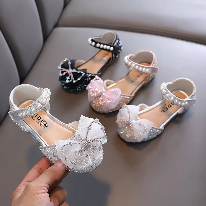 

2024 Summer Girls Sandals Fashion Sequins Rhinestone Bow Girls Princess Shoes Baby Girl Shoes Flat Heel Sandals Size 21-36