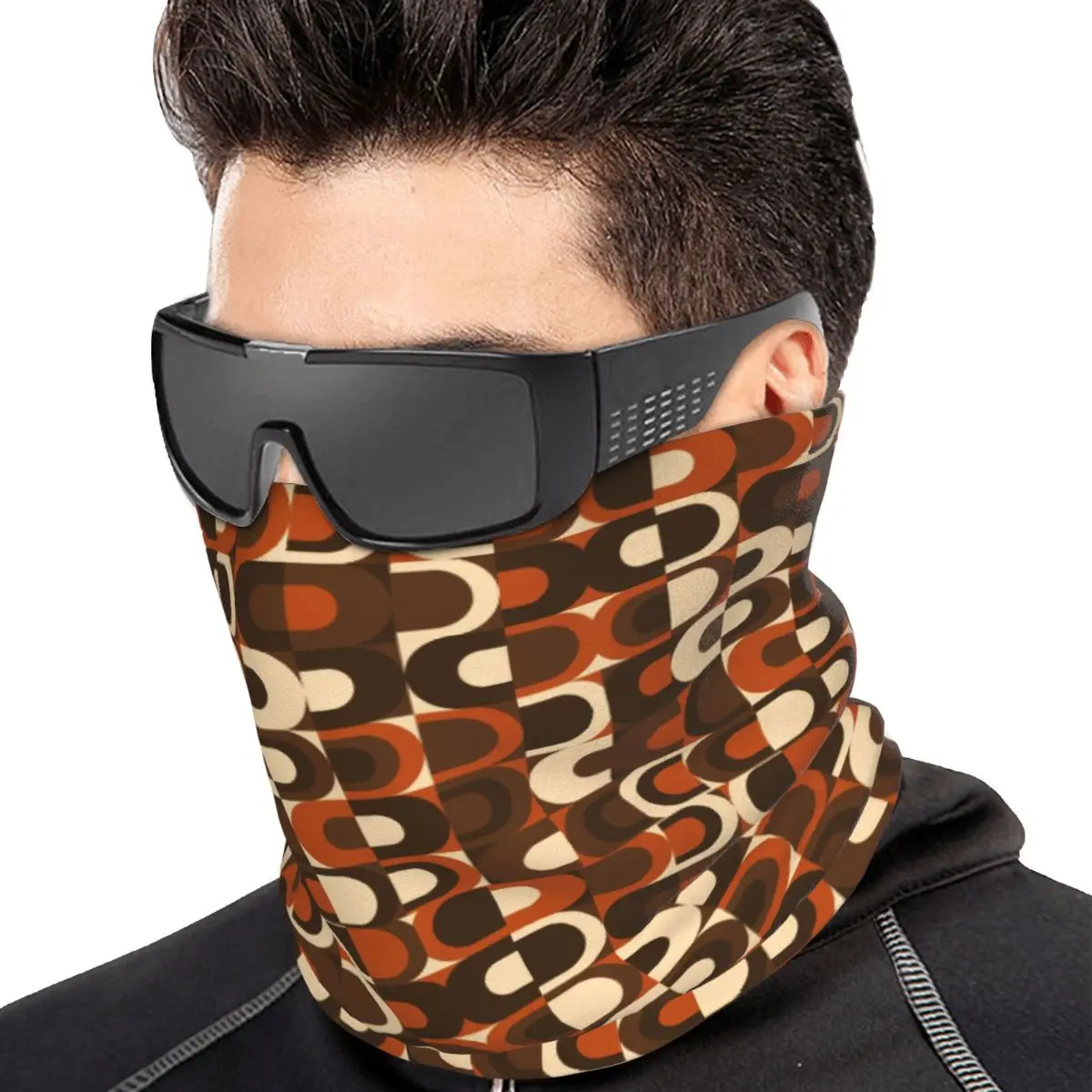 70s Pattern Retro Inustrial In Orange And Dark Brown Multifunctional Elastic Neck Gaiter Dust Proof Face Cover Bandana Unisex