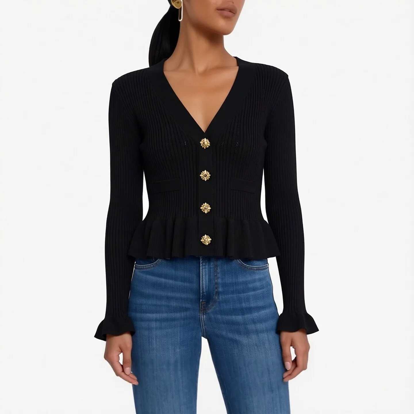 YuooMuoo Women Cardigans 2026 New Autumn Fashion V-neck Rhinestone Elegant Ruffled Sweater Tops Chic Lady Knitwear Sweatshirts